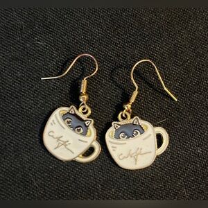 Whimsical Gold and Black Cat Cup Dangle Earrings